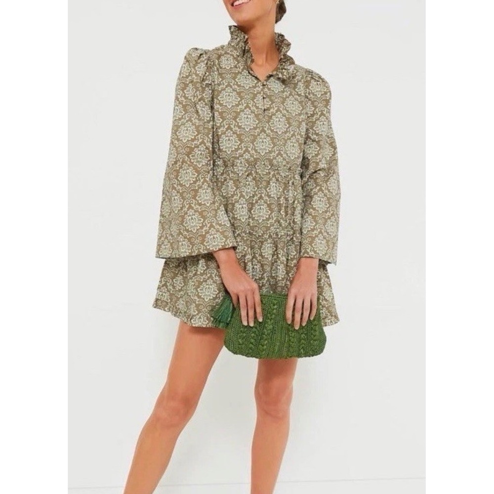 Hyacinth House Russell Damask Bell Sleeve Tiered Mini Dress Olive Green Large